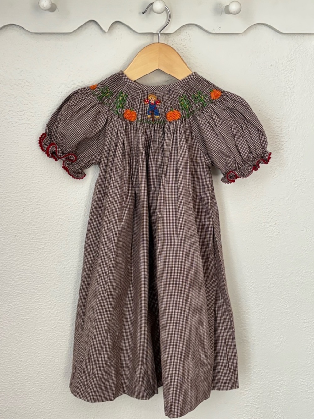 Boutique Smocked Pumpkin Scarecrow Dress Gingham Fall 2T
